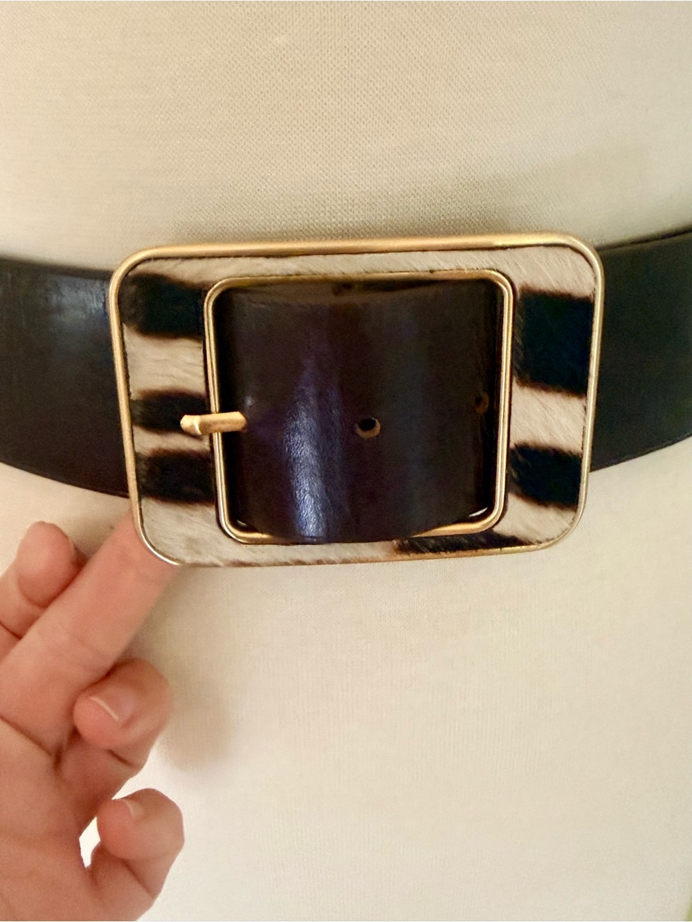Wide Black Leather Belt with Zebra Print Gold Buckle